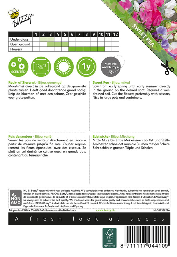 Tuoksuherne Bijou siemenpussi takaa kylvöohjeilla