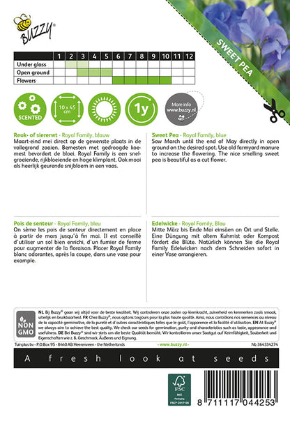 Tuoksuherne Royal Family Blue siemenpussi takaa kylvöohjeilla