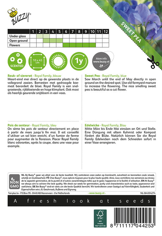 Tuoksuherne Royal Family Blue siemenpussi takaa kylvöohjeilla