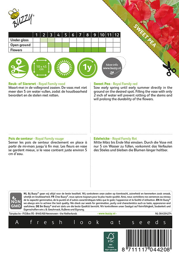 Tuoksuherne Royal Family Red siemenpussi takaa kylvöohjeilla