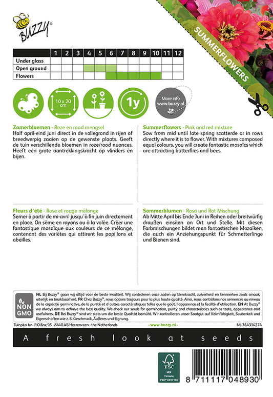 Vaaleanpunainen ja punainen kesäkukkaseos siemenpussi takaa kylvöohjeilla