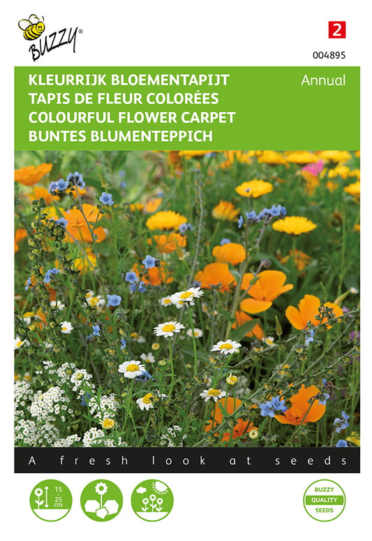 Värikäs kukkamatto yksivuotinen siemenpussi edestä – Buzzy®