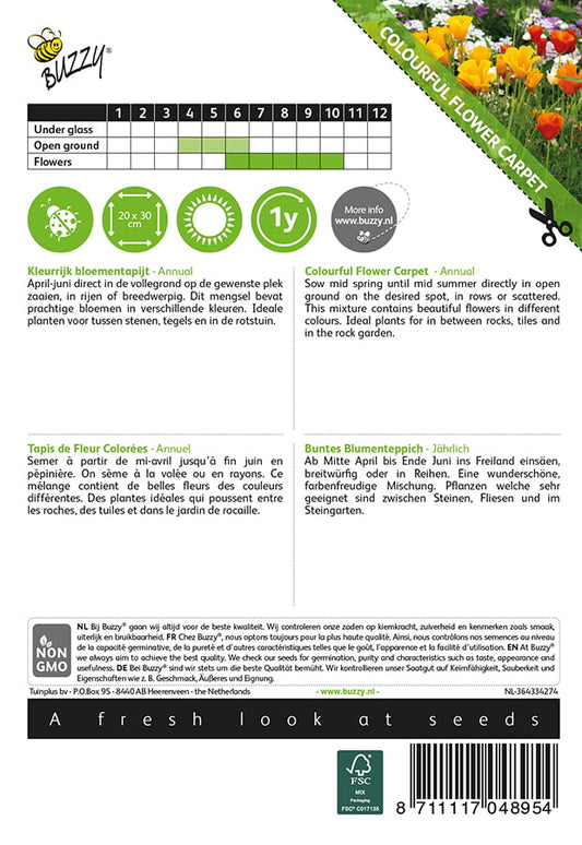 Värikäs kukkamatto yksivuotinen siemenpussi takaa kylvöohjeilla