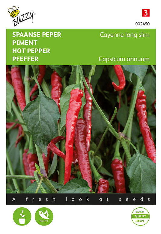 Chili Cayenne Long Slim -siemenpussin etupuoli, jossa näkyy ohuita punaisia chilejä.