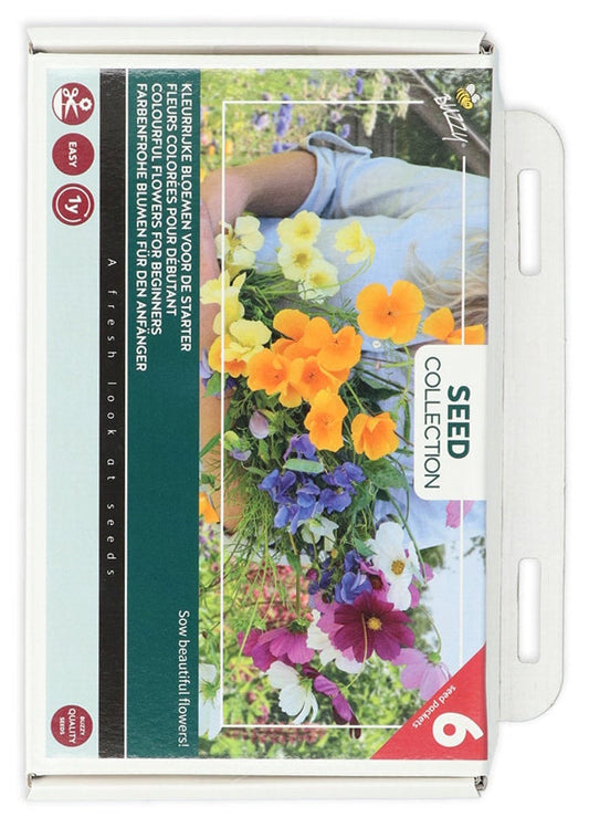 Kukkien siemenseos ‘Colourful Flowers for Beginners’ -pakkauksen etupuoli, kuusi kukkalajia, nimikyltit ja lyijykynä.