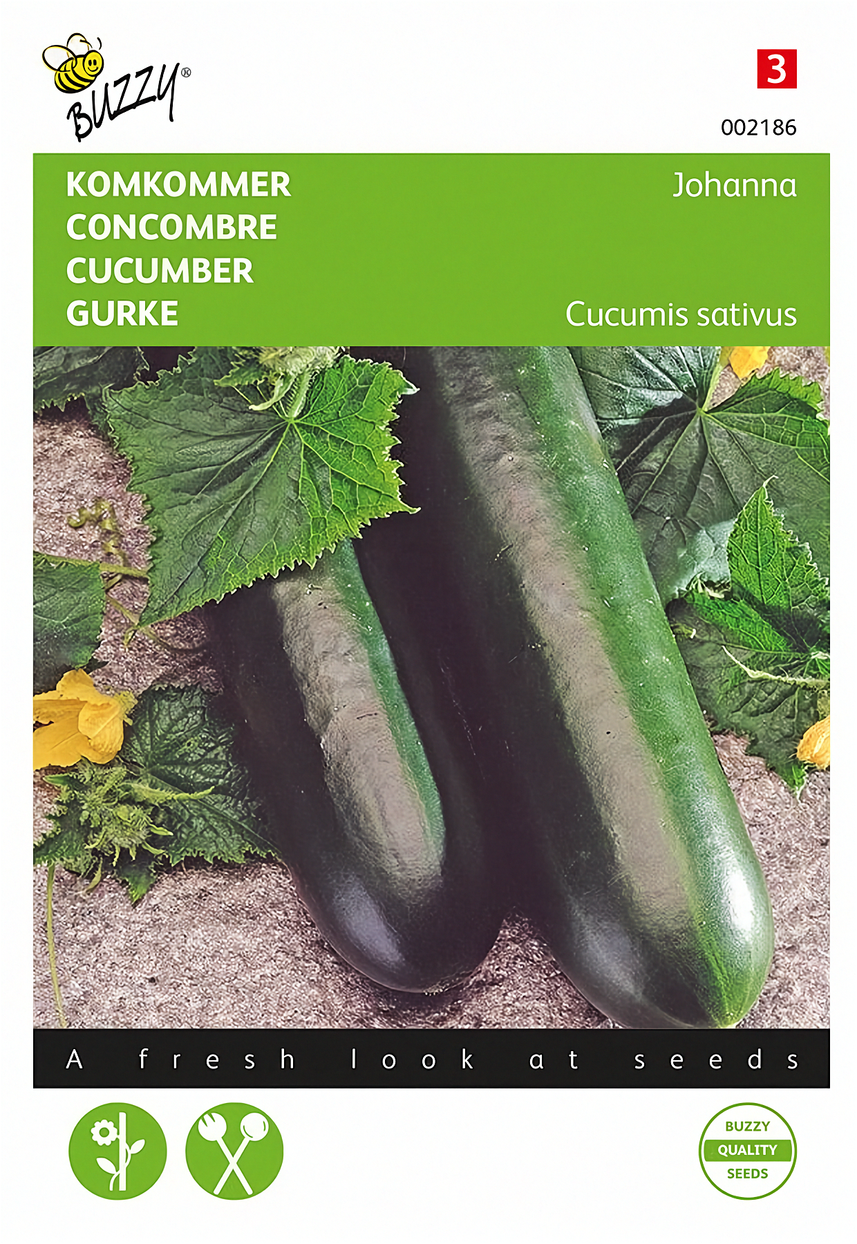 Front of the Buzzy® Johanna Slicing Cucumber (Cucumis sativus) seed packet.