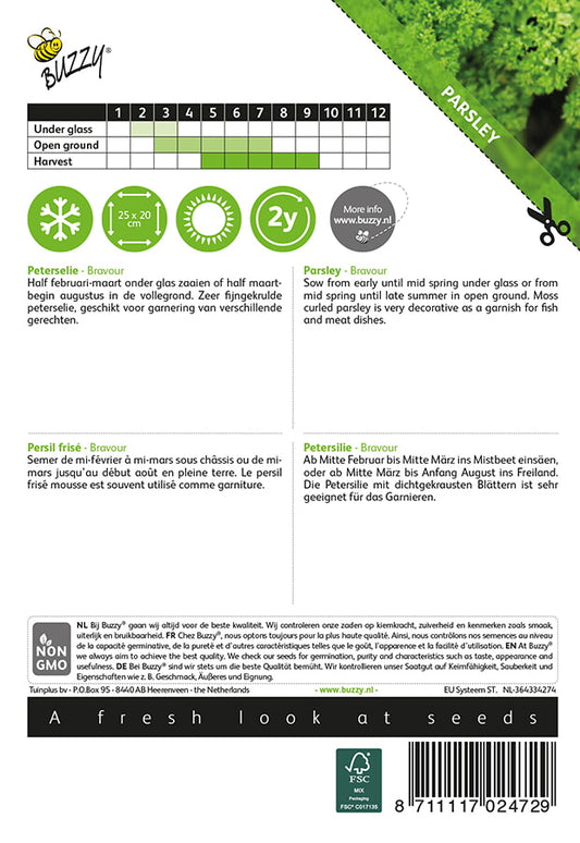 Kähäräpersilja Bravour -siemenpussin takapuoli, jossa on kylvöohjeet ja tuotetiedot.