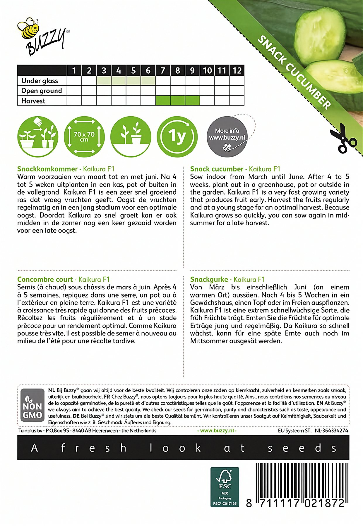Back of the Buzzy® Kaikura F1 Snack Cucumber (Cucumis sativus) seed packet with sowing and growing instructions.