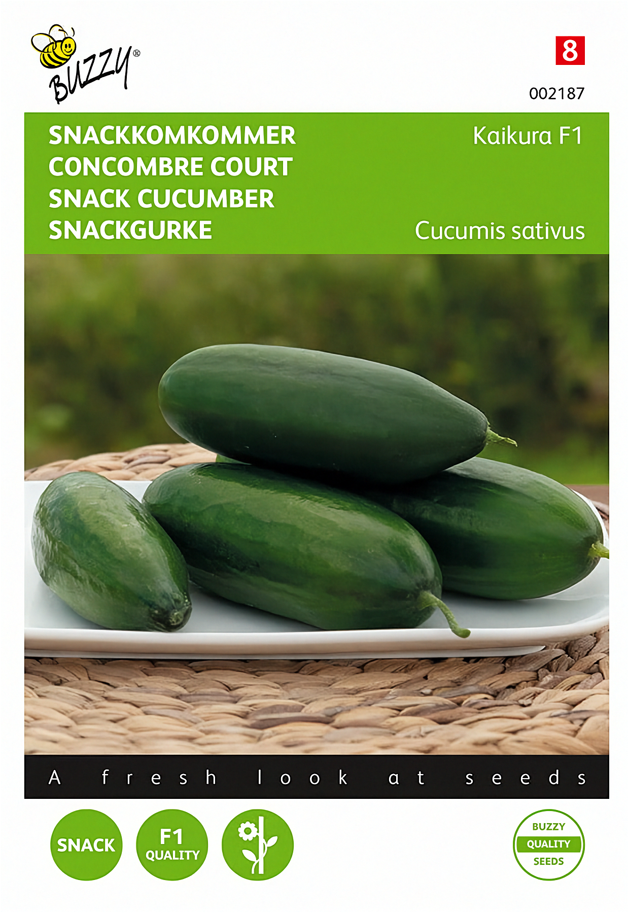 Front of the Buzzy® Kaikura F1 Snack Cucumber (Cucumis sativus) seed packet.