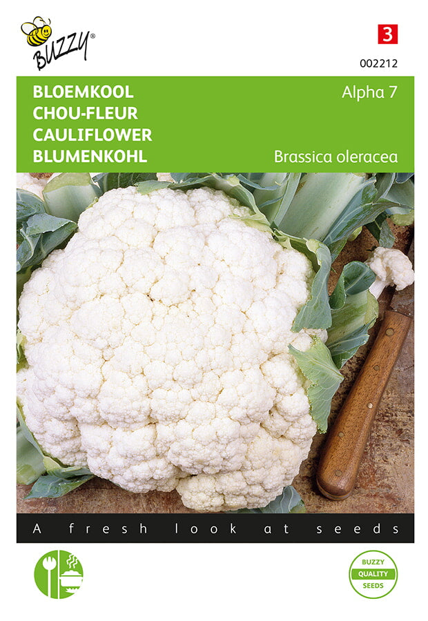 Fröpåse med Kukkakaali ‘Alpha 7’ (Brassica oleracea). Kuvassa vita kukkakaaleja och Buzzy®-varumärke.
