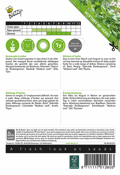 Back of the Buzzy® Mixed Herbs seed packet with sowing and growing instructions.