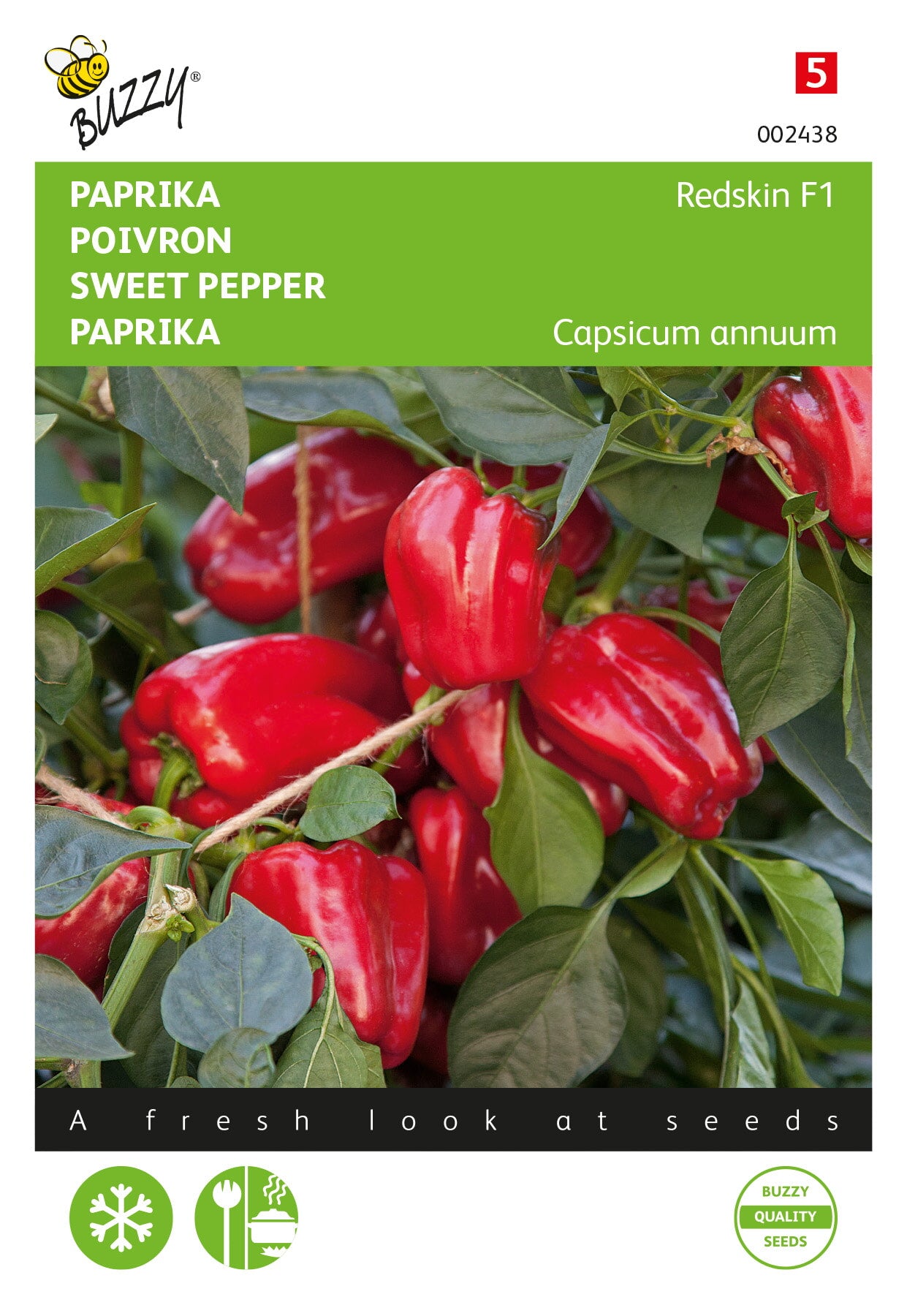 Söt paprika ‘Redskin F1’ fröpåsens framsida med röda paprikor på en kompakt planta.