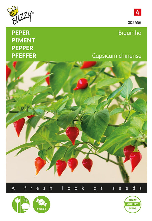 Pepper Biquinho -siemenpussin etupuoli, jossa näkyy kyynelmäisiä punaisia chilejä.