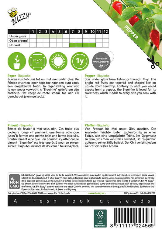 Pepper Biquinho -siemenpussin takapuoli, jossa on tuotetiedot ja kylvöohjeet.
