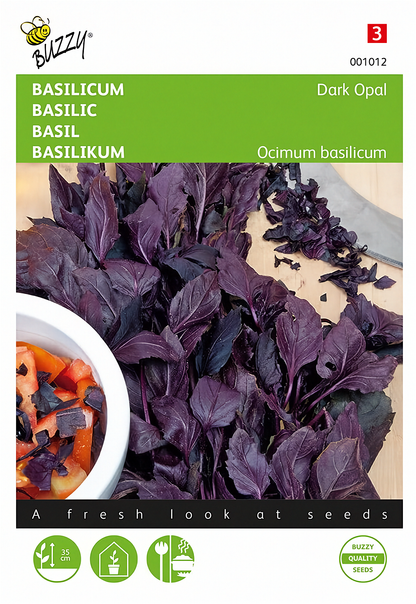 Purppurabasilika ‘Dark Opal’ – Buzzy Seeds -siemenpussin etupuoli purppurabasilikan kuvalla