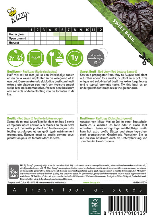 Punalehtinen basilika ‘Red Lizzy’ – Ocimum basilicum -siemenpussin takapuoli, jossa kylvö- ja hoito-ohjeet