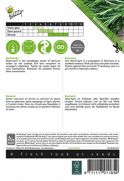 Back of the Buzzy® Rosemary (Rosmarinus officinalis) seed packet with sowing and growing instructions.