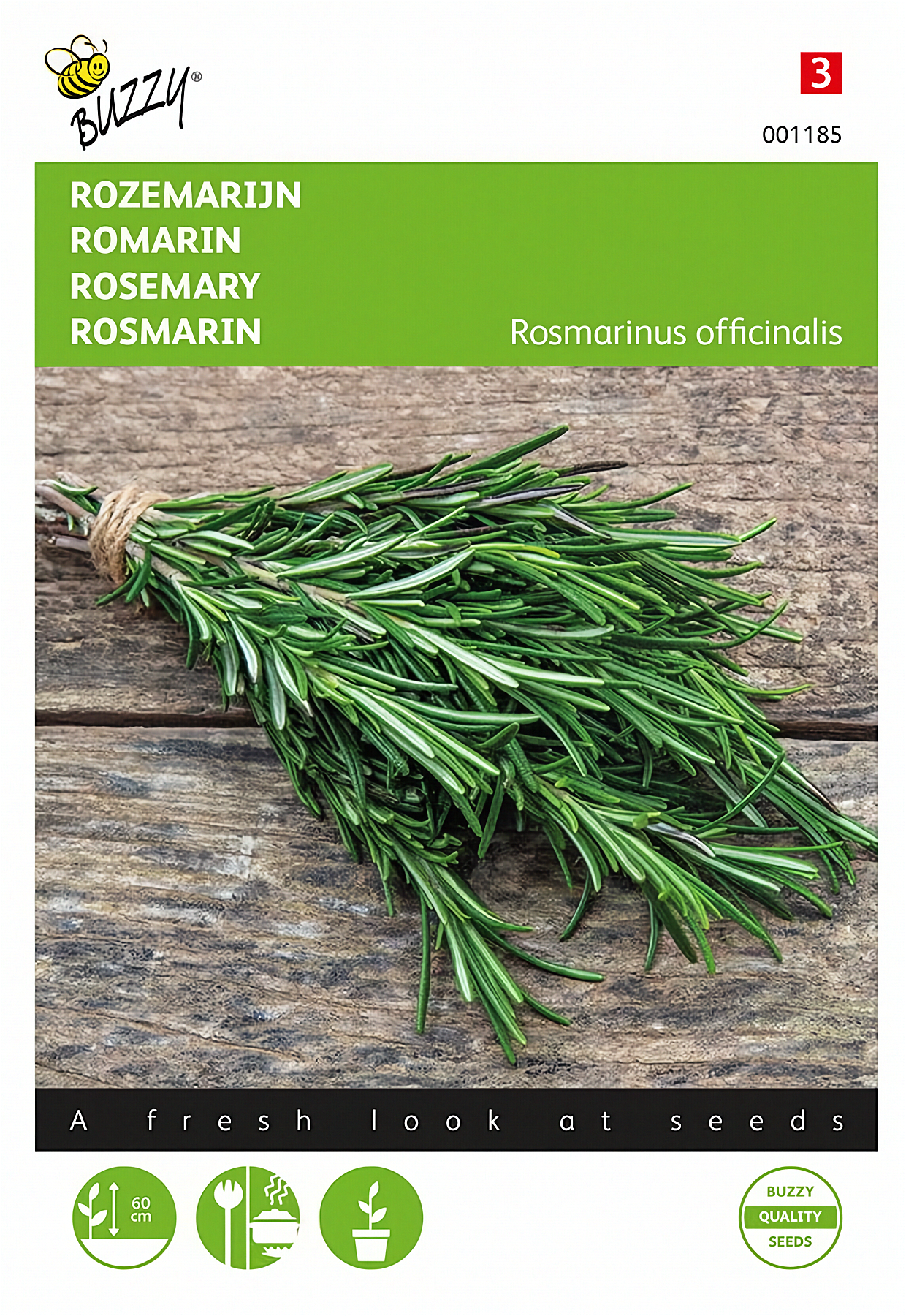 Front of the Buzzy® Rosemary (Rosmarinus officinalis) seed packet.