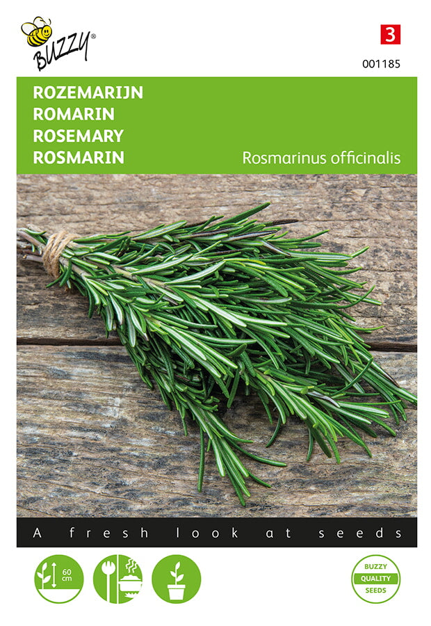 Rosmariini (Rosmarinus officinalis) -siemenpussin etupuoli, jossa vihreä yrtti ja Buzzy®-logo