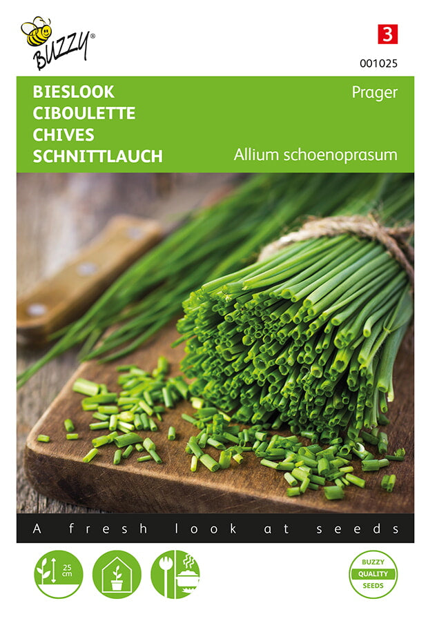 Ruohosipuli ‘Prager’ – Allium schoenoprasum -siemenpussin etupuoli, jossa leikattua ruohosipulia ja buzzy brändilogo