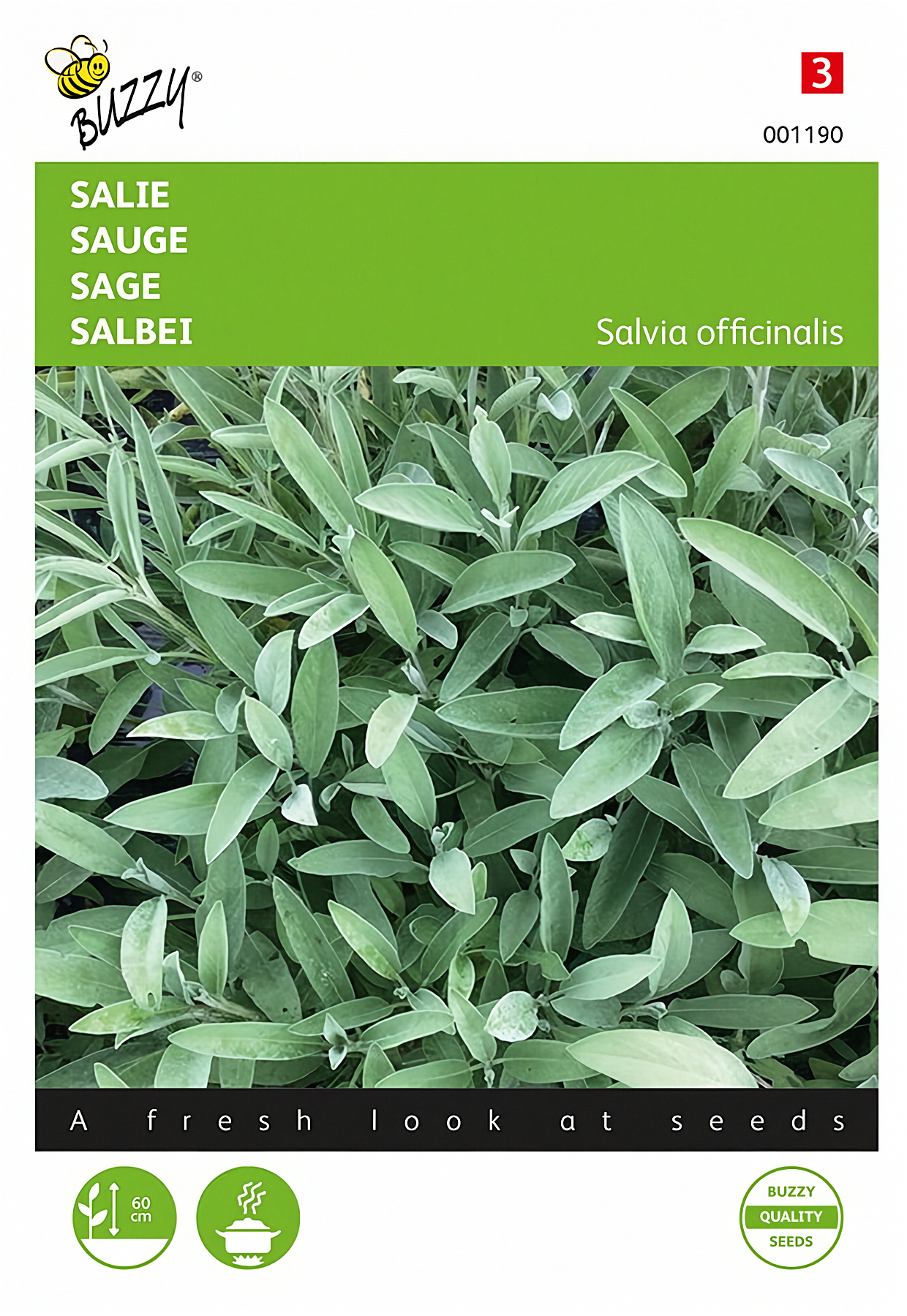 Front of the Buzzy® Sage (Salvia officinalis) seed packet.