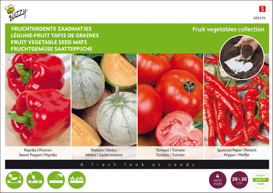 Siemenmatto Hedelmävihannekset -pakkaus, jossa näkyvät paprika, tomaatti, meloni ja chili.

