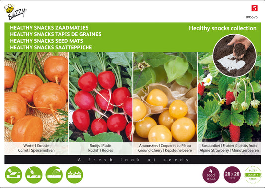 Siemenmatto Terveelliset naposteltavat -pakkaus, jossa näkyvät retiisi, porkkana, salaattisekoitus ja metsämansikka.