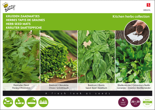 Siemenmatto Yrtit -pakkaus, jossa näkyvissä persilja, basilika, ruohosipuli ja korianteri.
