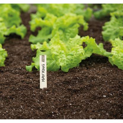 Puinen kasvimerkki salaattipenkissä taimien merkitsemiseen