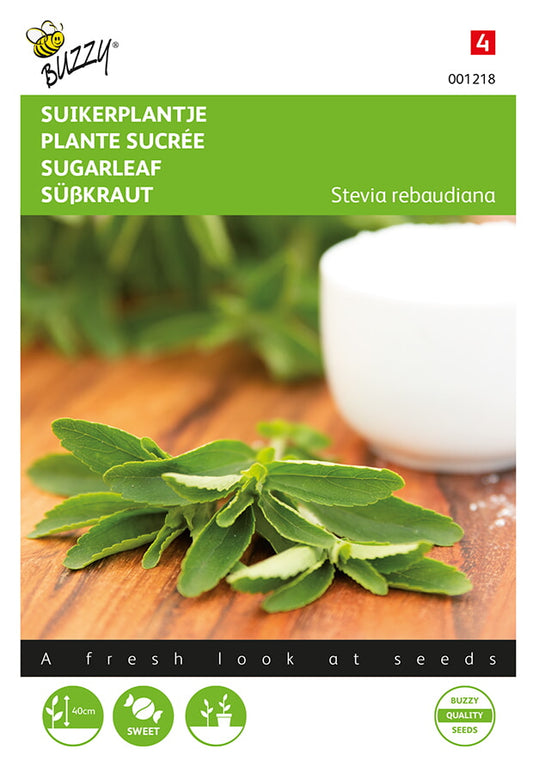 Fröpåse med Sokeriblad (Stevia rebaudiana) -ört. Buzzy®-varumärke, grönsävyinen framsida.