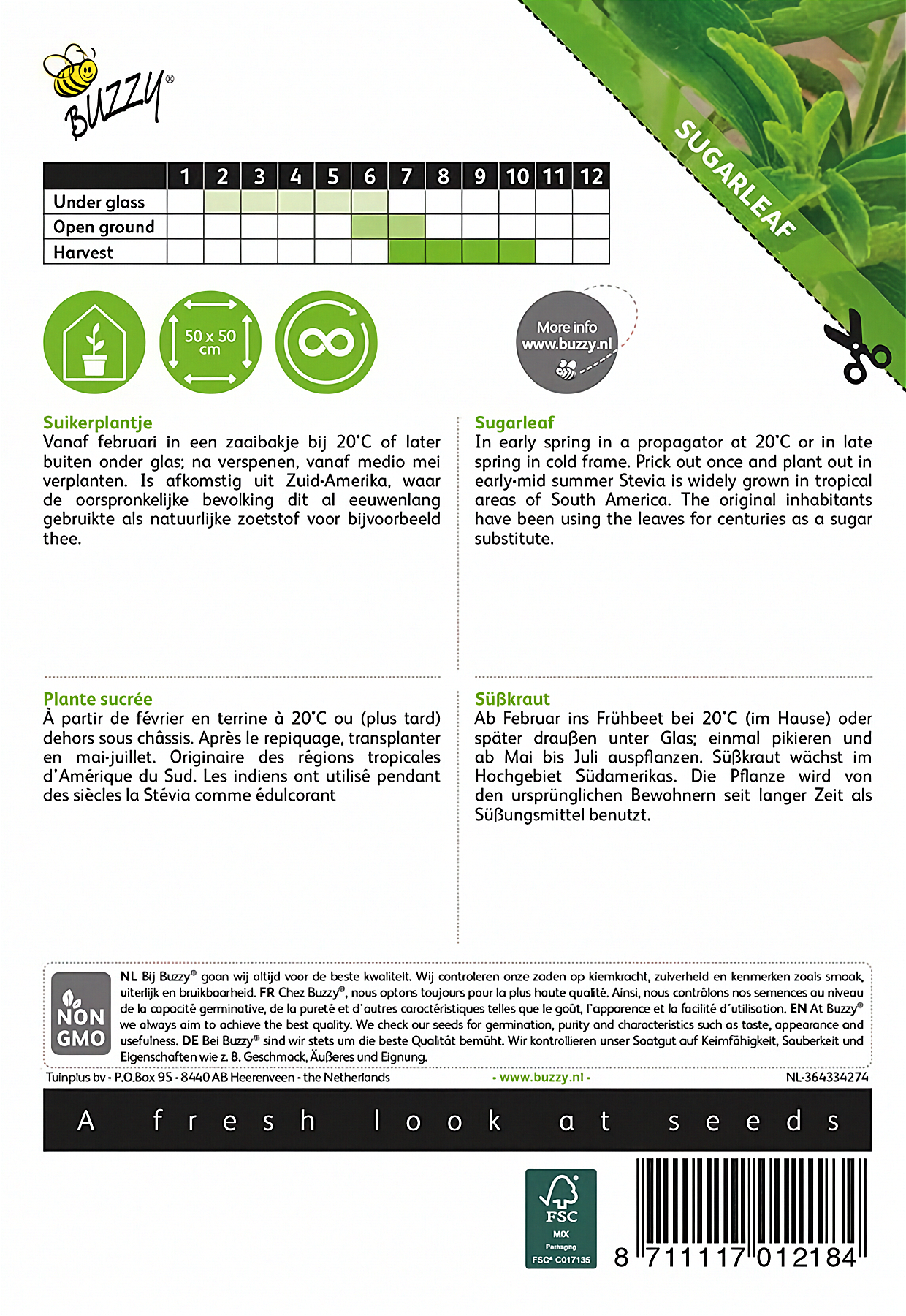 Back of the Buzzy® Stevia (Stevia rebaudiana) seed packet with sowing and growing instructions.