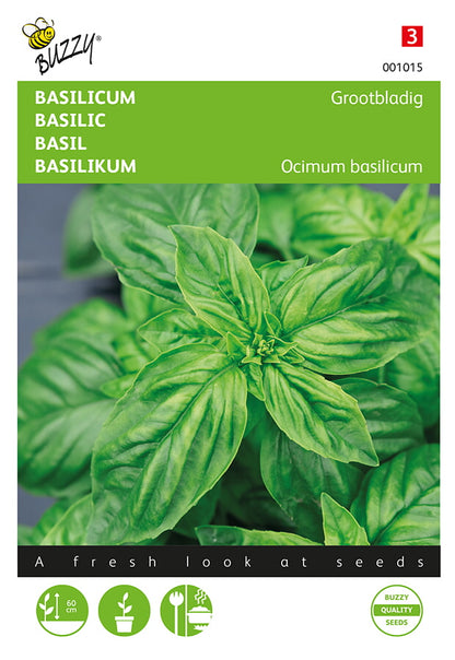 Sweet Basil – isolehtinen basilika -siemenpussin etupuoli, jossa näkyy suuret vihreät lehdet