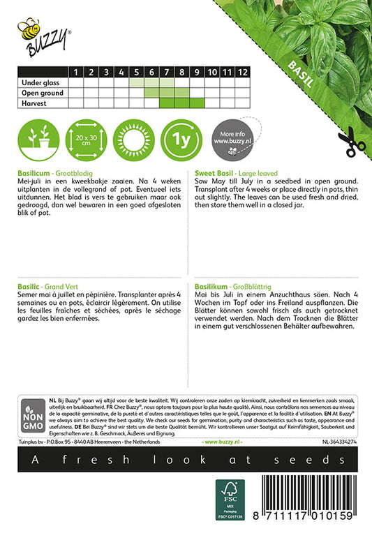 Sweet Basil – isolehtinen basilika -siemenpussin takapuoli, jossa kylvö- ja hoito-ohjeet