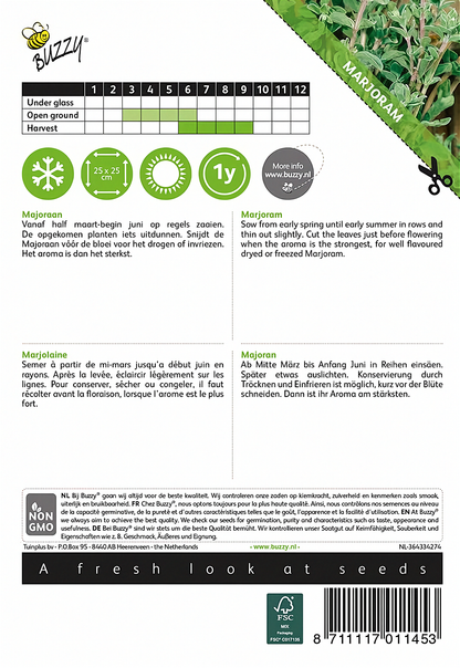 Back of the Buzzy® Sweet Marjoram (Majorana hortensis) seed packet with sowing and growing instructions.