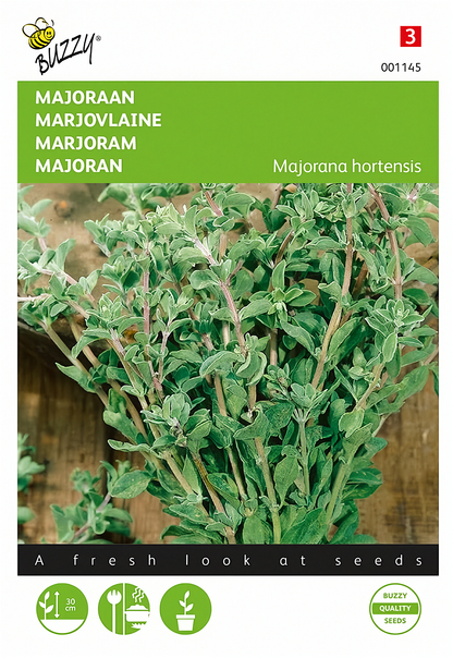 Front of the Buzzy® Sweet Marjoram (Majorana hortensis) seed packet featuring fresh green marjoram.