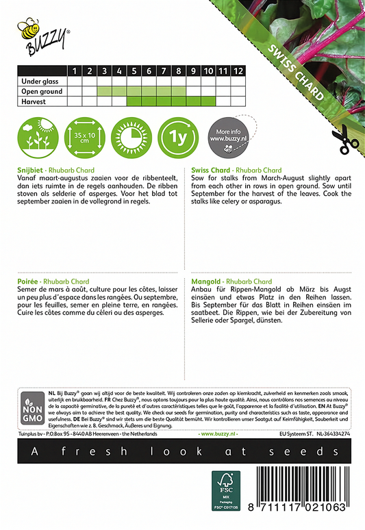 Back of the Buzzy® Swiss Chard (Beta vulgaris) seed packet with sowing and growing instructions.