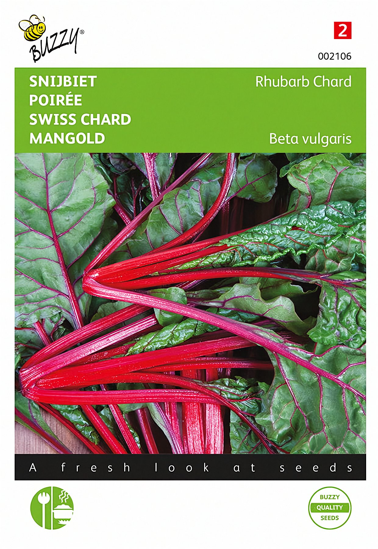 Front of the Buzzy® Swiss Chard (Beta vulgaris) seed packet.