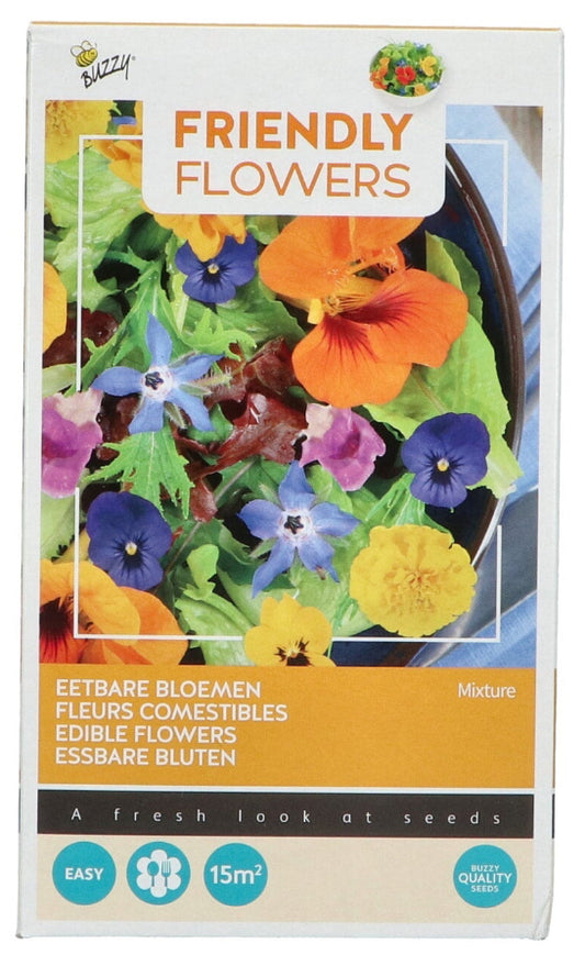 Syötävät kukat – Buzzy Seeds siemenseos 15 m² etupuoli.