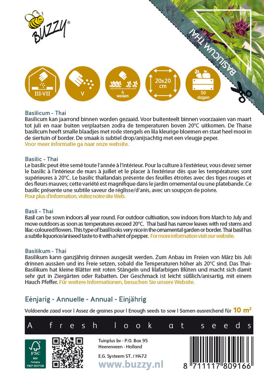 Thaibasilika – Buzzy Seeds -siemenpussin takapuoli ja kylvöohjeet
