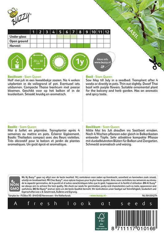 Thaibasilika ‘Siam Queen’ – Buzzy Seeds -siemenpussin takapuoli ja kylvöohjeet