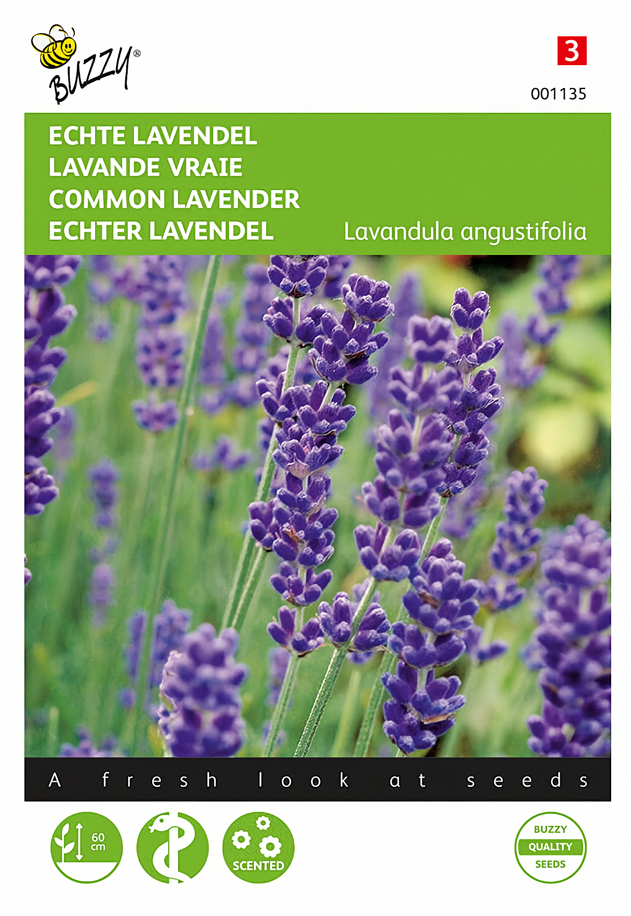 Front of the Buzzy® True Lavender (Lavandula angustifolia) seed packet.
