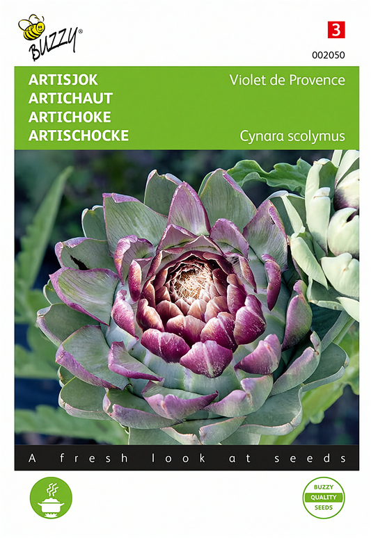 Front of the Buzzy® Violet Globe Artichoke (Cynara scolymus) seed packet.