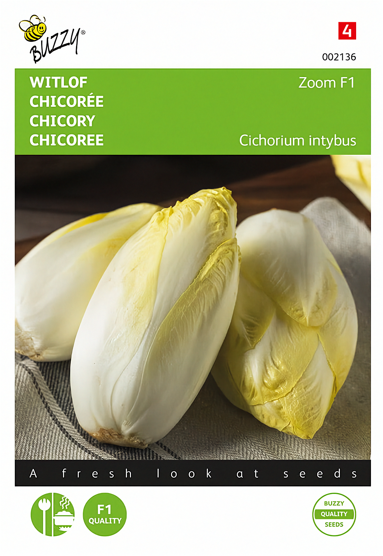 Front of the Buzzy® Zoom F1 Brussels Chicory (Cichorium intybus) seed packet.